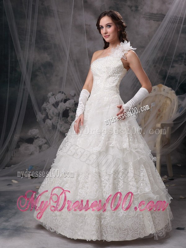 Recommended One Shoulder Lace Tiers White Wedding Gown Floor-length