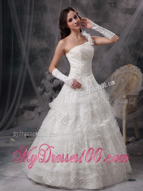 Recommended One Shoulder Lace Tiers White Wedding Gown Floor-length