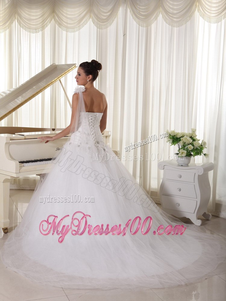 One Shoulder Princess Wedding Dresses with Appliques and Watteau Train
