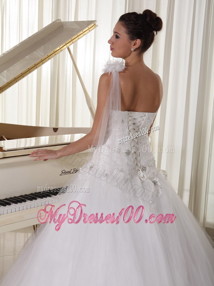 One Shoulder Princess Wedding Dresses with Appliques and Watteau Train