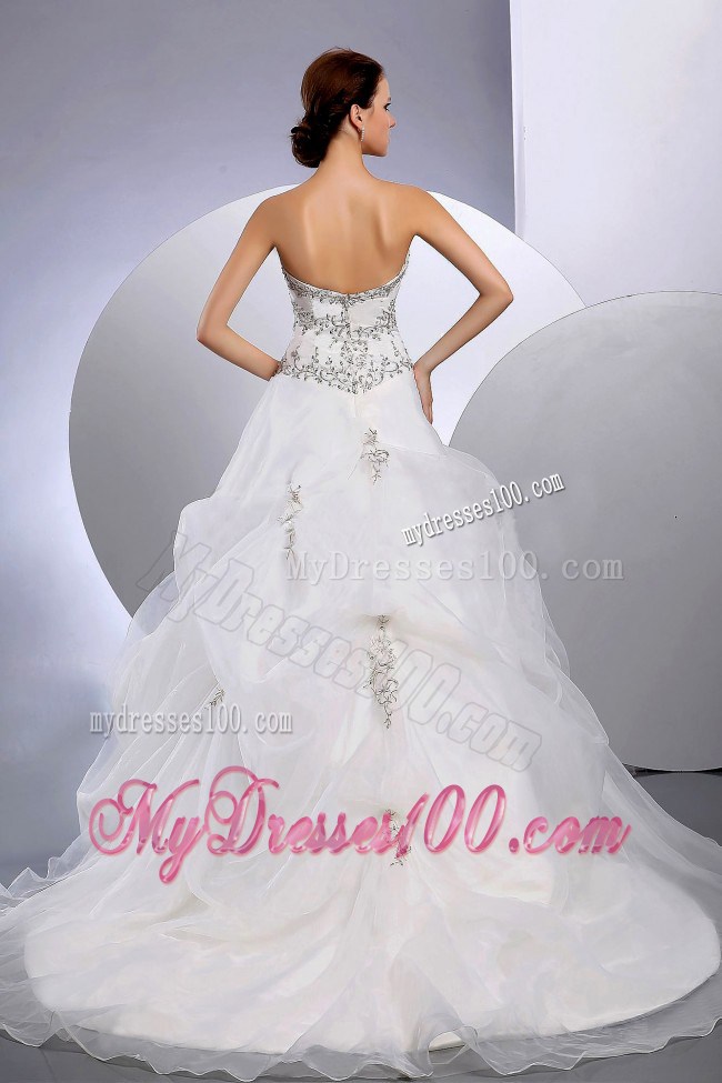 White Organza Ball Gown Court Bridal Gown with Beading and Appliques