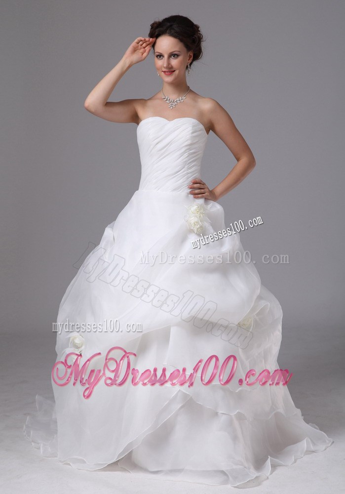 Layers Ruching and Hand Made Flowers Decorated Brush Train Wedding Dresses