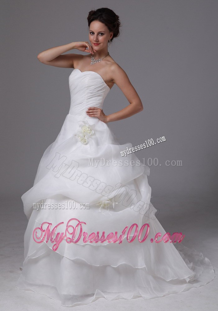 Layers Ruching and Hand Made Flowers Decorated Brush Train Wedding Dresses