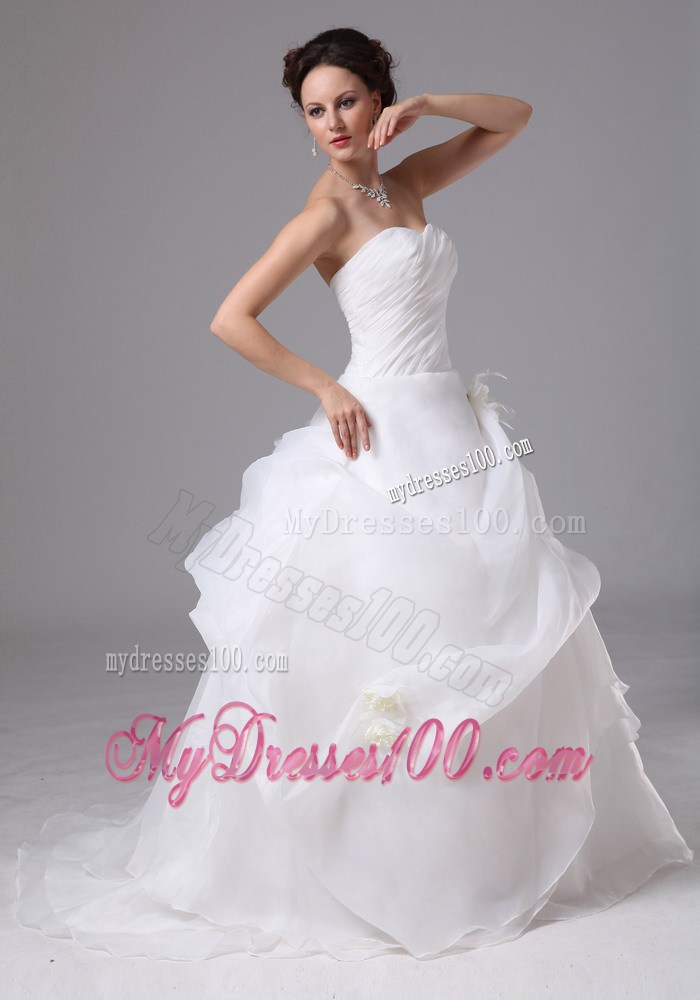 Layers Ruching and Hand Made Flowers Decorated Brush Train Wedding Dresses