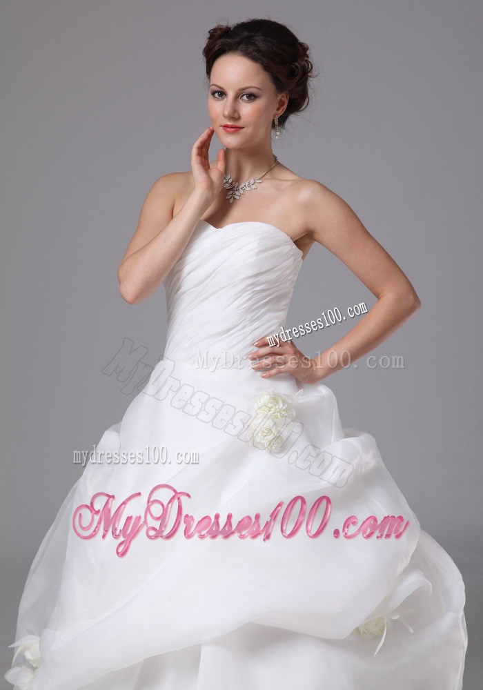 Layers Ruching and Hand Made Flowers Decorated Brush Train Wedding Dresses