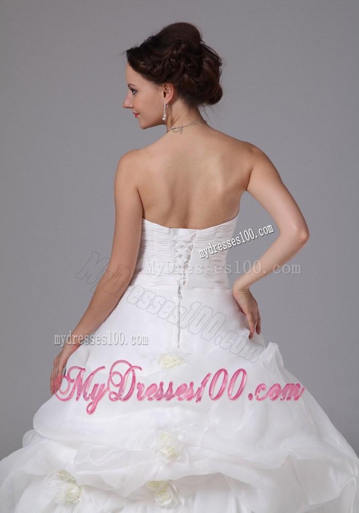 Layers Ruching and Hand Made Flowers Decorated Brush Train Wedding Dresses