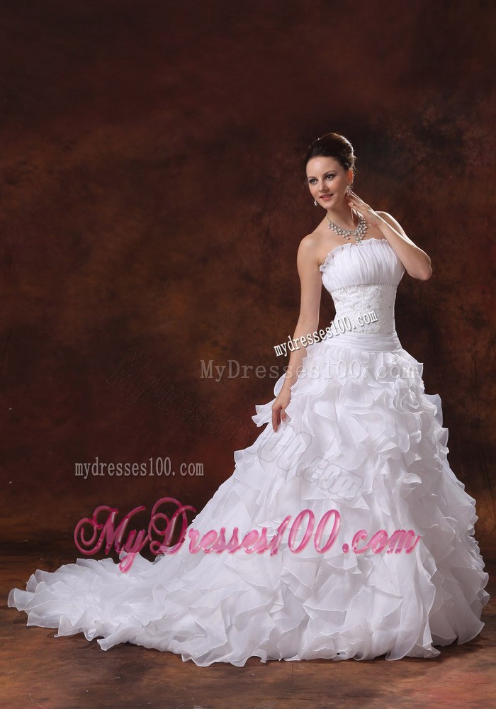 Ruffles and Court Train Wedding Dress with Petal Neckline and Beaded Waist