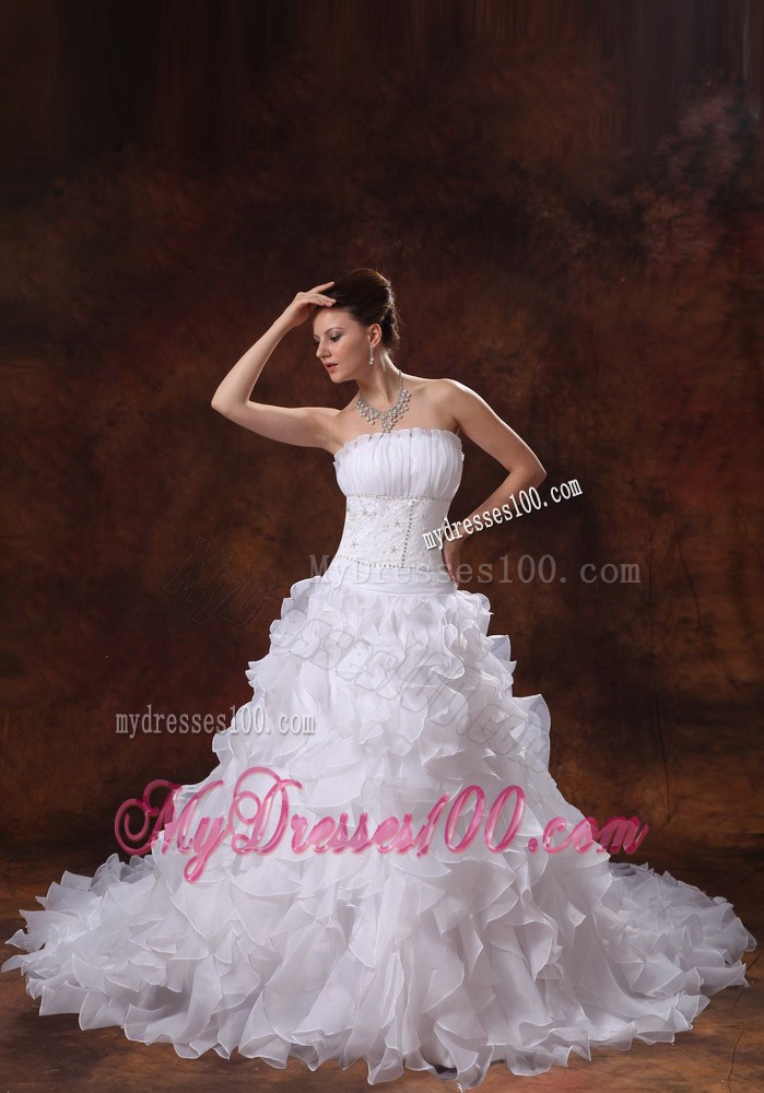 Ruffles and Court Train Wedding Dress with Petal Neckline and Beaded Waist