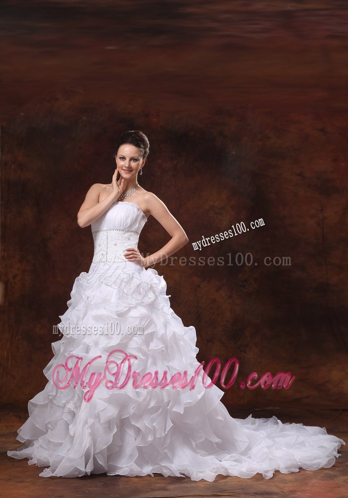 Ruffles and Court Train Wedding Dress with Petal Neckline and Beaded Waist