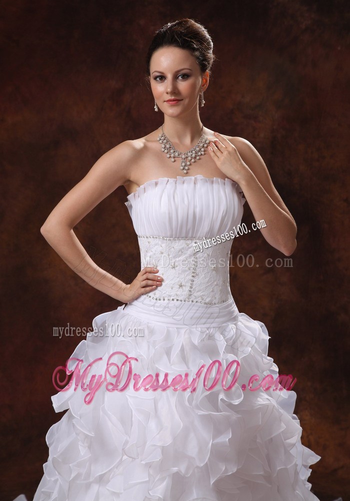 Ruffles and Court Train Wedding Dress with Petal Neckline and Beaded Waist