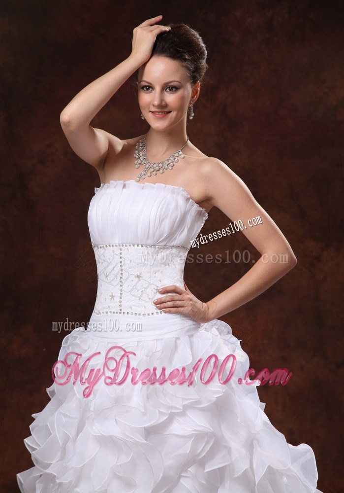 Ruffles and Court Train Wedding Dress with Petal Neckline and Beaded Waist