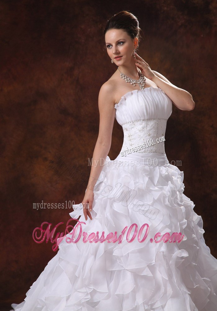 Ruffles and Court Train Wedding Dress with Petal Neckline and Beaded Waist