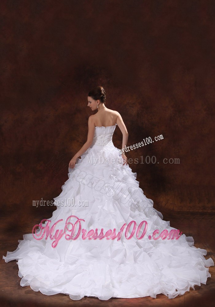 Ruffles and Court Train Wedding Dress with Petal Neckline and Beaded Waist