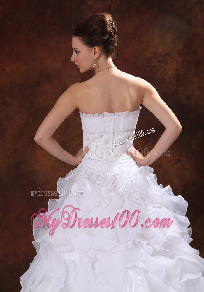 Ruffles and Court Train Wedding Dress with Petal Neckline and Beaded Waist