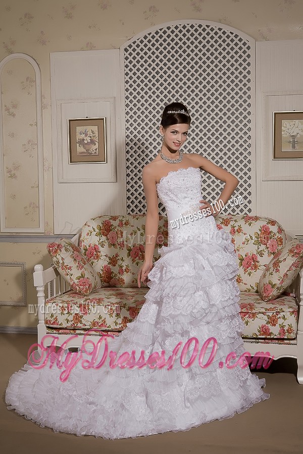 Beaded Lace Flowers Tiers Brush Train Wedding Dress with Satin Bowknot Back