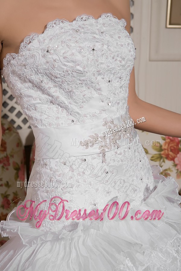Beaded Lace Flowers Tiers Brush Train Wedding Dress with Satin Bowknot Back