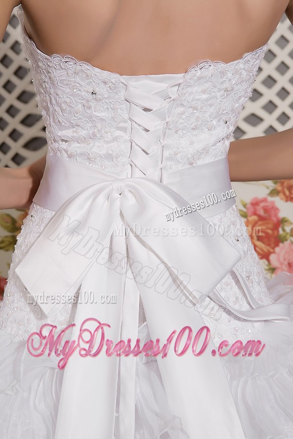 Beaded Lace Flowers Tiers Brush Train Wedding Dress with Satin Bowknot Back