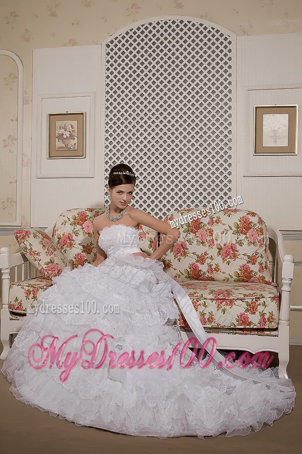 Beaded Lace Flowers Tiers Brush Train Wedding Dress with Satin Bowknot Back