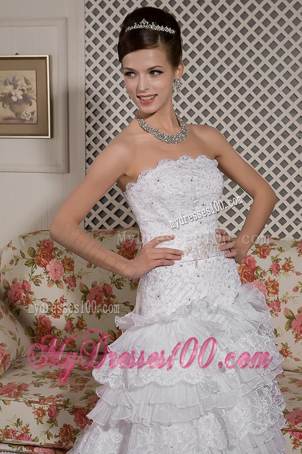Beaded Lace Flowers Tiers Brush Train Wedding Dress with Satin Bowknot Back