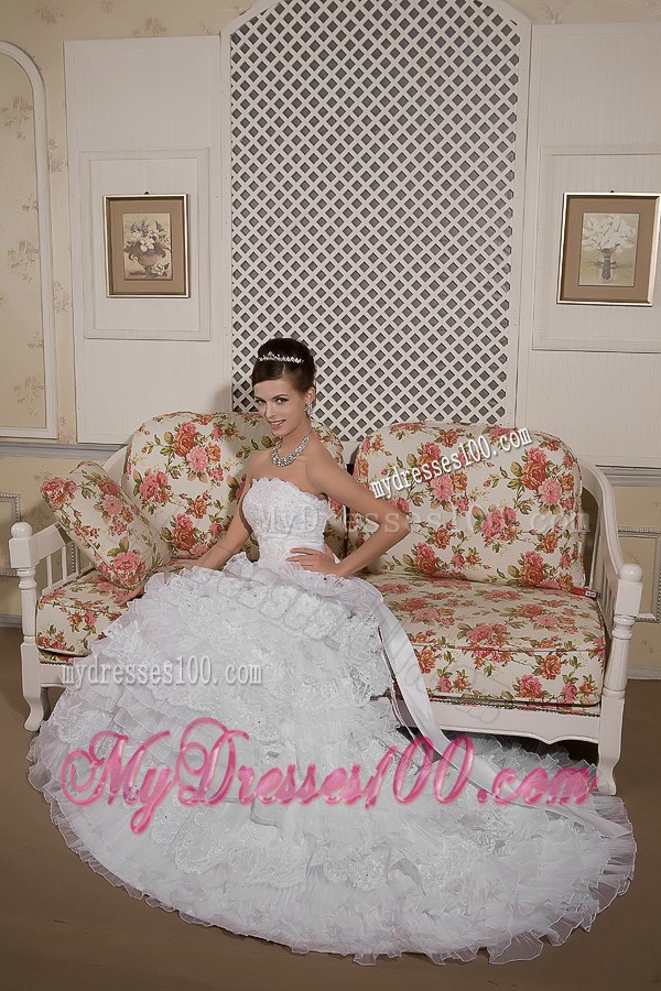 Beaded Lace Flowers Tiers Brush Train Wedding Dress with Satin Bowknot Back