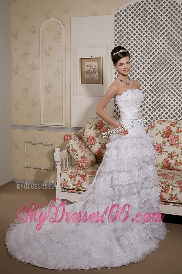 Beaded Lace Flowers Tiers Brush Train Wedding Dress with Satin Bowknot Back