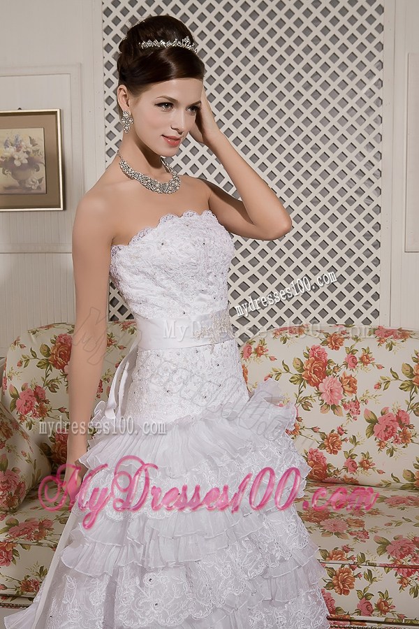 Beaded Lace Flowers Tiers Brush Train Wedding Dress with Satin Bowknot Back
