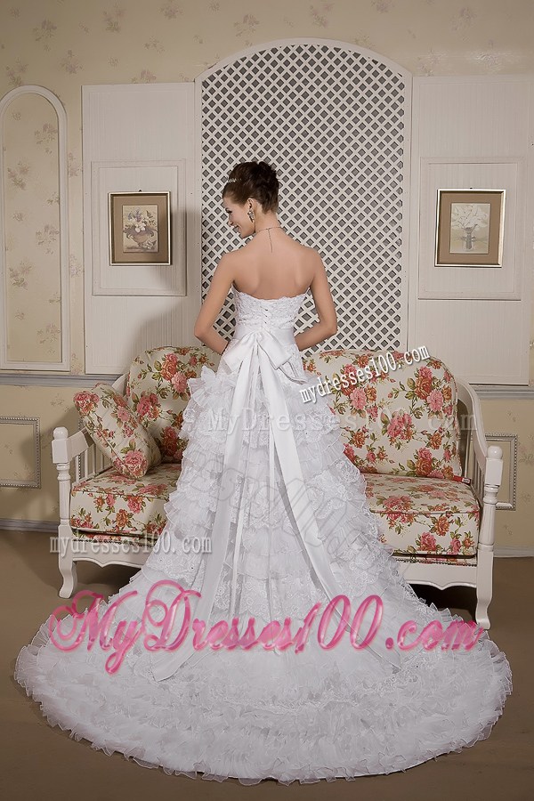Beaded Lace Flowers Tiers Brush Train Wedding Dress with Satin Bowknot Back