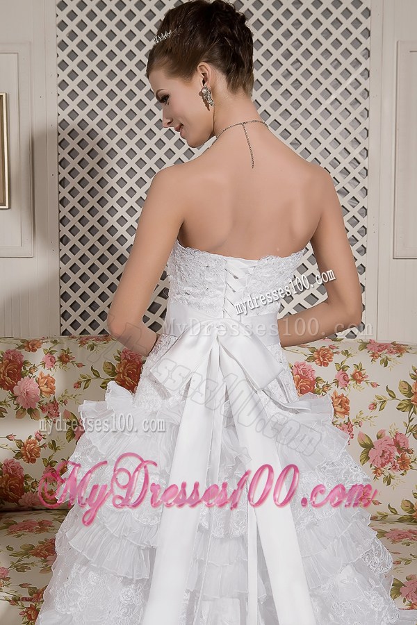 Beaded Lace Flowers Tiers Brush Train Wedding Dress with Satin Bowknot Back