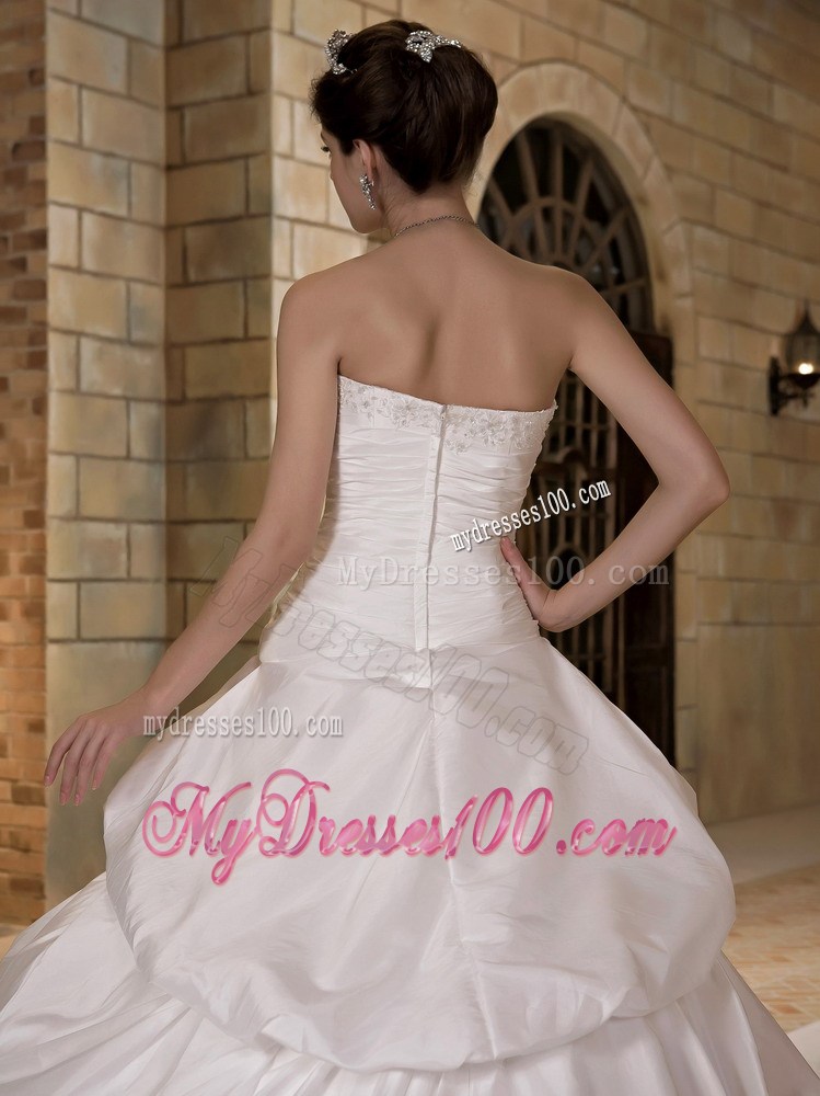 Puffy Pick-ups Sweep Train Wedding Dresses Decorated with Ruching and Beading