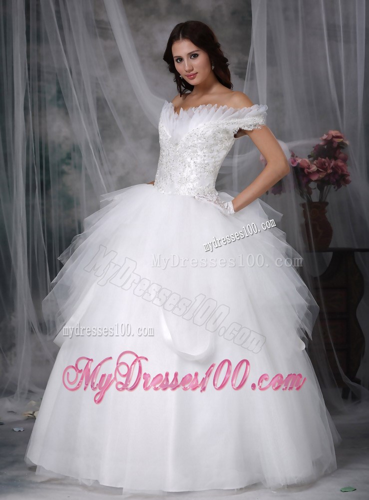 Appliqued Floor-length Tulle Wedding Gown of off-the-Shoulder