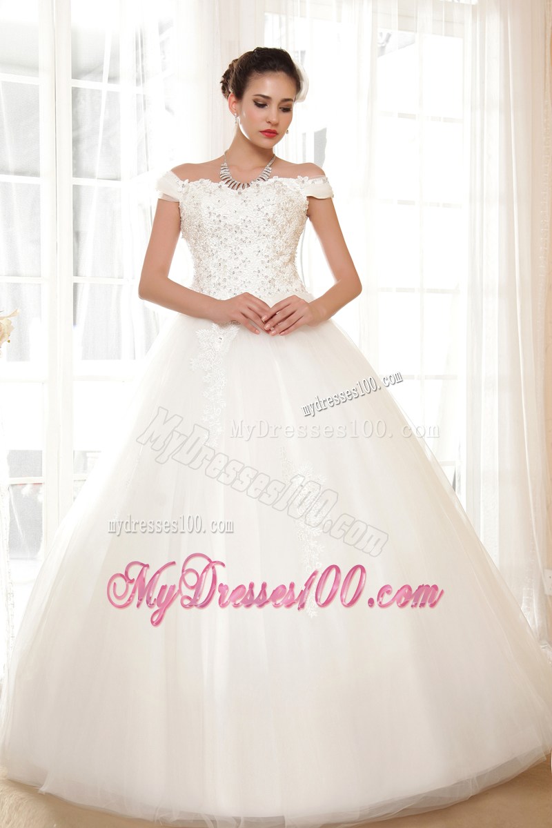 Off The Shoulder Wedding Dress with Beadings Small Flowers and Appliques