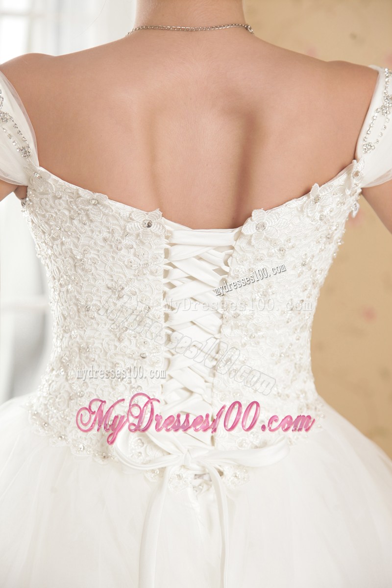 Off The Shoulder Wedding Dress with Beadings Small Flowers and Appliques