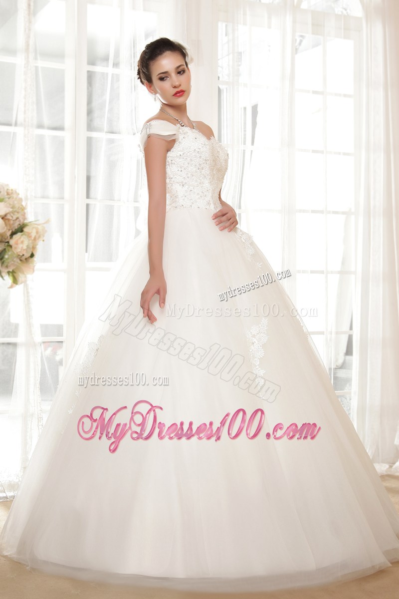 Off The Shoulder Wedding Dress with Beadings Small Flowers and Appliques