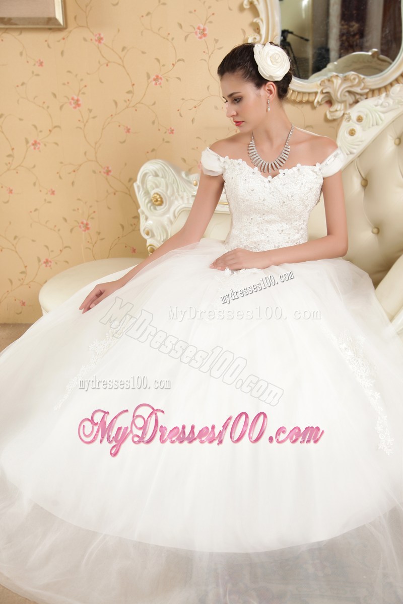 Off The Shoulder Wedding Dress with Beadings Small Flowers and Appliques