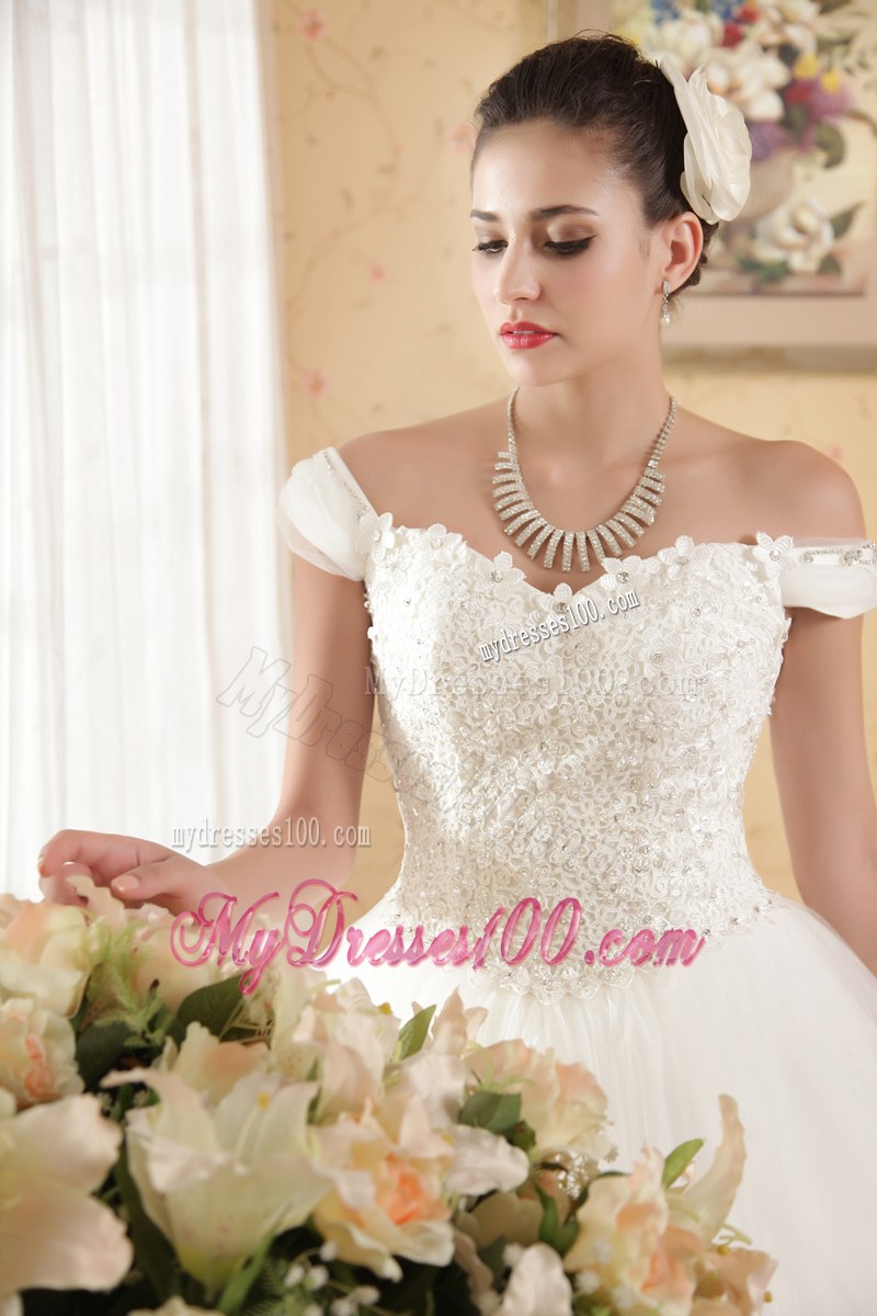 Off The Shoulder Wedding Dress with Beadings Small Flowers and Appliques