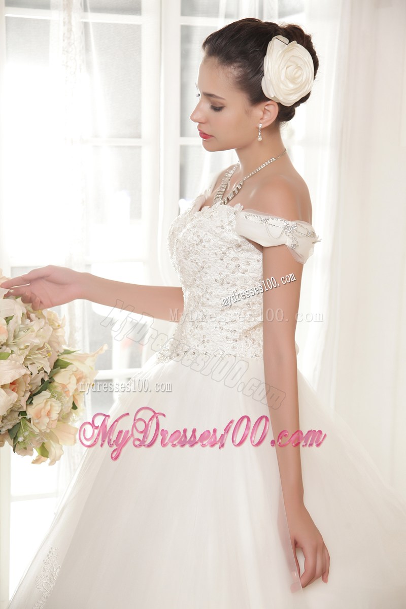 Off The Shoulder Wedding Dress with Beadings Small Flowers and Appliques