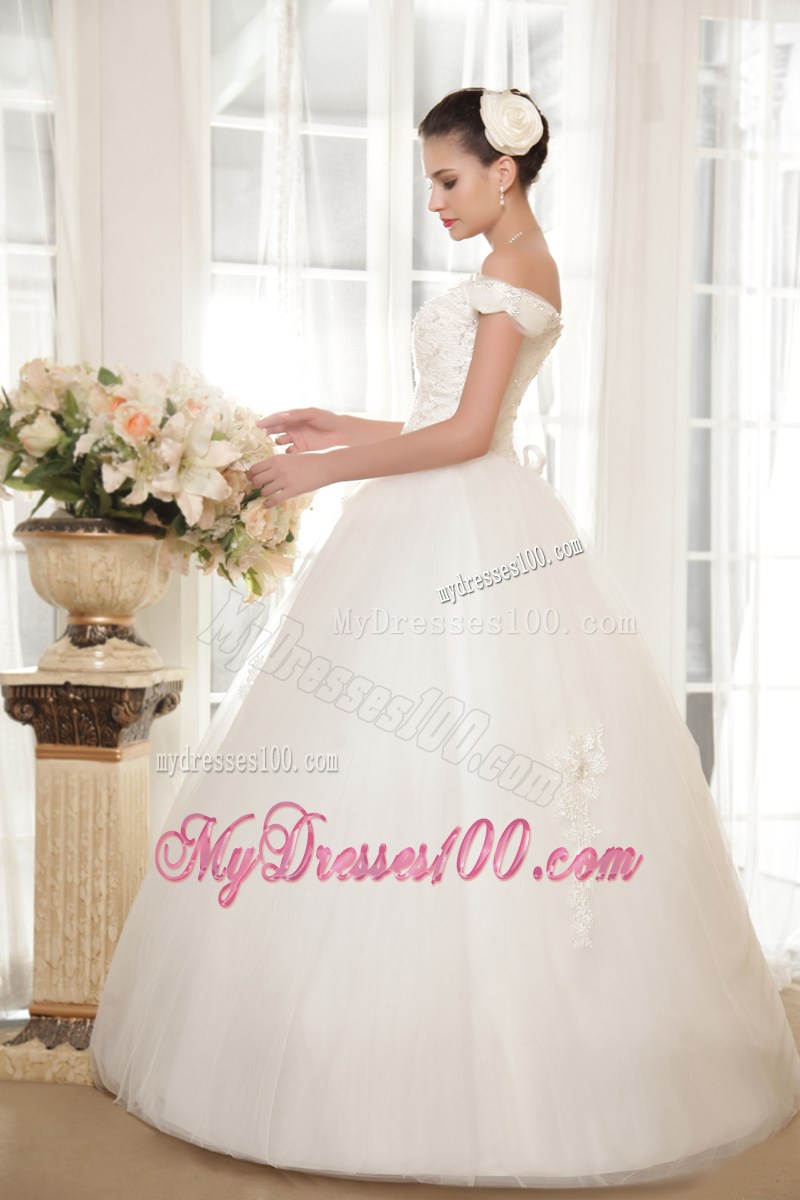 Off The Shoulder Wedding Dress with Beadings Small Flowers and Appliques