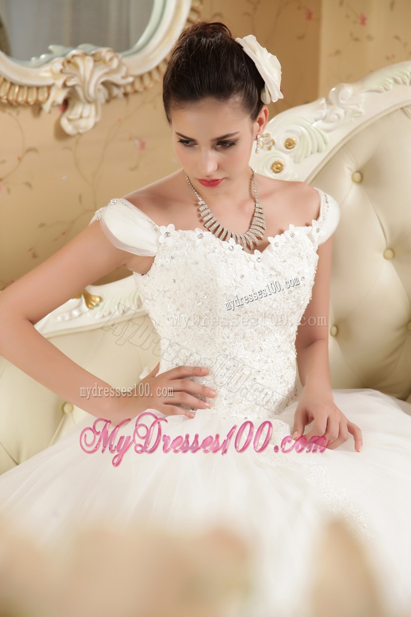 Off The Shoulder Wedding Dress with Beadings Small Flowers and Appliques