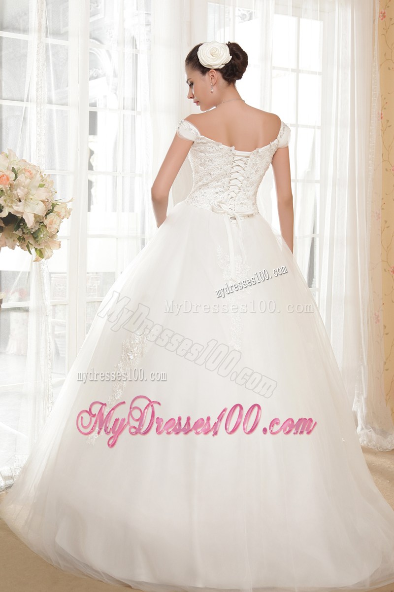Off The Shoulder Wedding Dress with Beadings Small Flowers and Appliques