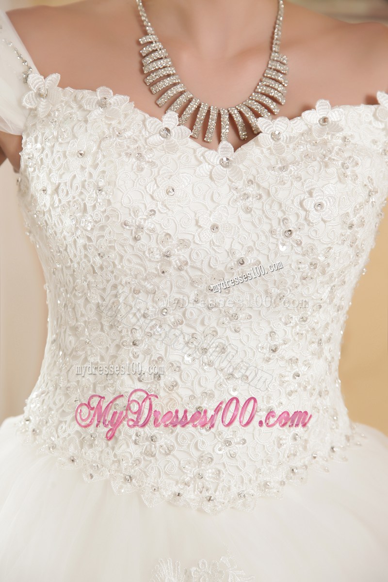 Off The Shoulder Wedding Dress with Beadings Small Flowers and Appliques