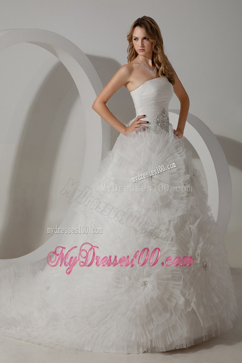 Ruched Tulle Court Train Wedding Dresses with Beaded Rolling Flowers