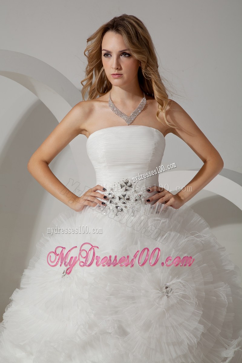 Ruched Tulle Court Train Wedding Dresses with Beaded Rolling Flowers