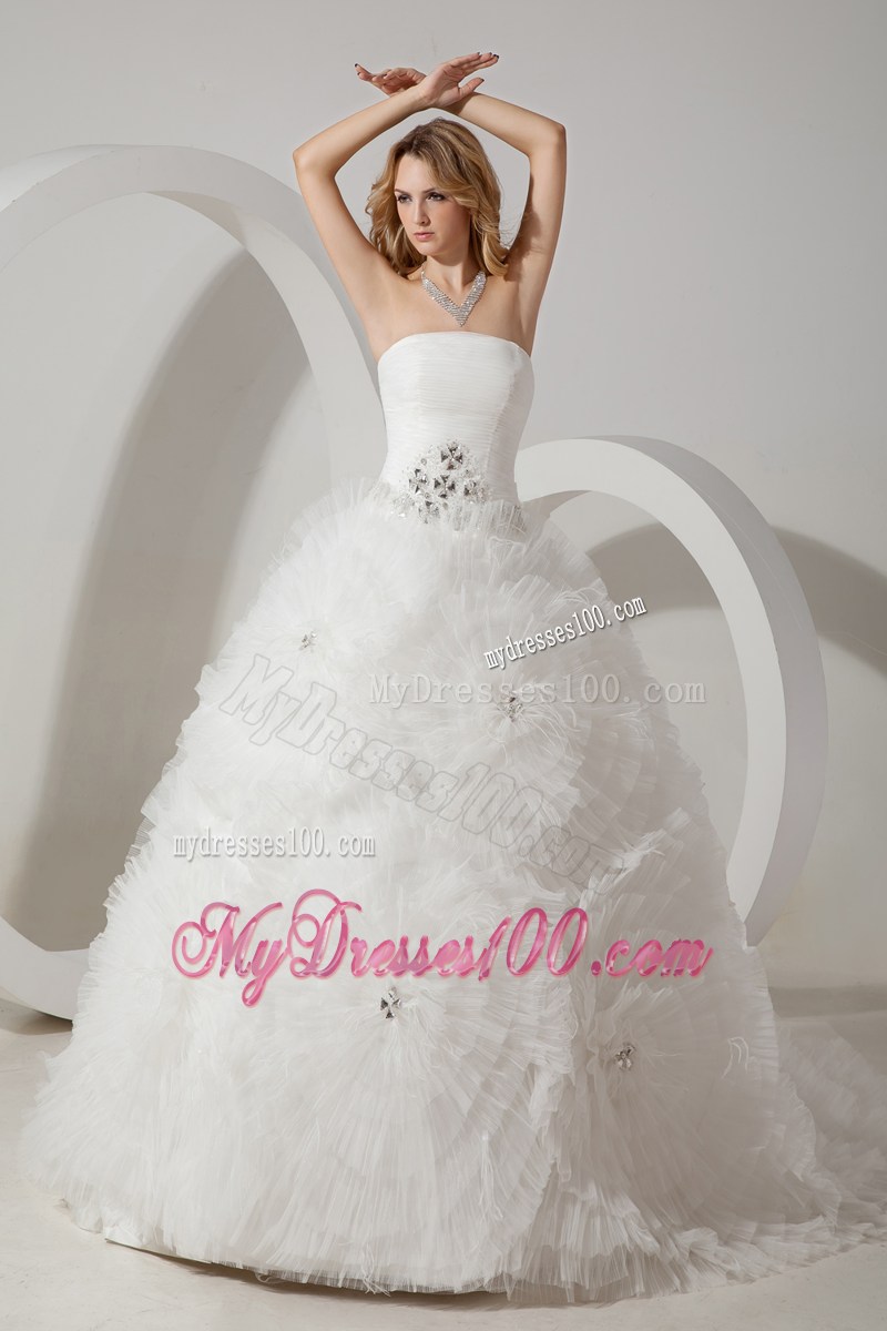 Ruched Tulle Court Train Wedding Dresses with Beaded Rolling Flowers
