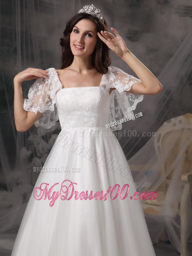 Stunning Square Neckline Short Sleeve White Wedding Gown Floral Decorate