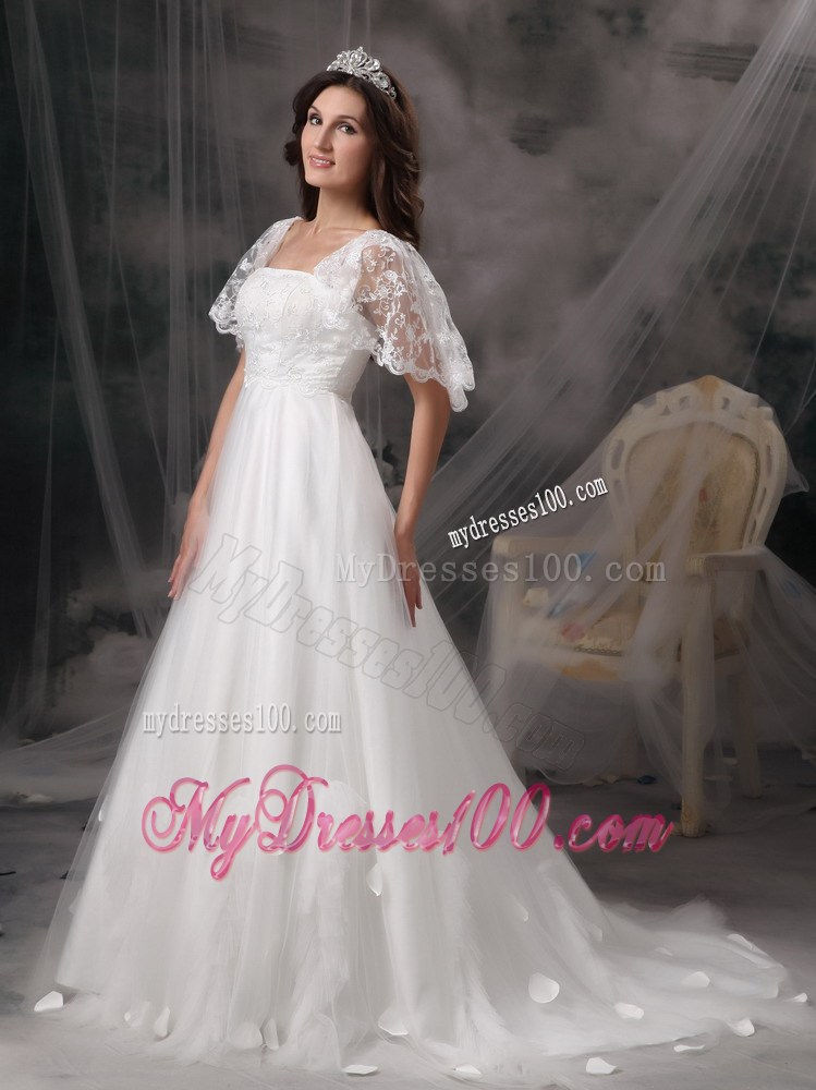 Stunning Square Neckline Short Sleeve White Wedding Gown Floral Decorate