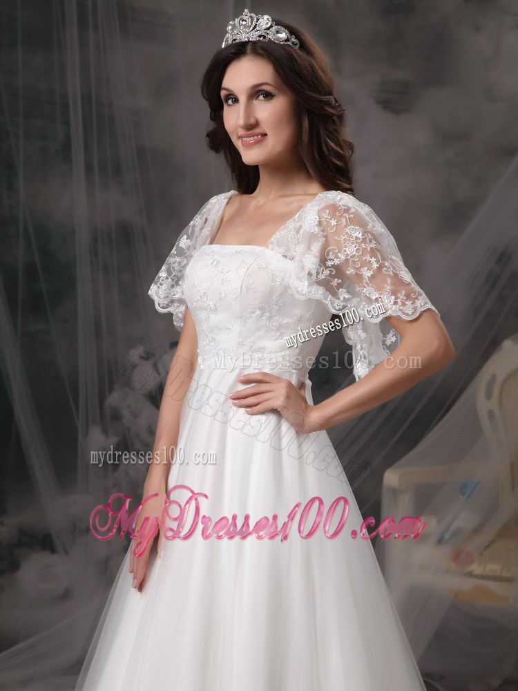 Stunning Square Neckline Short Sleeve White Wedding Gown Floral Decorate