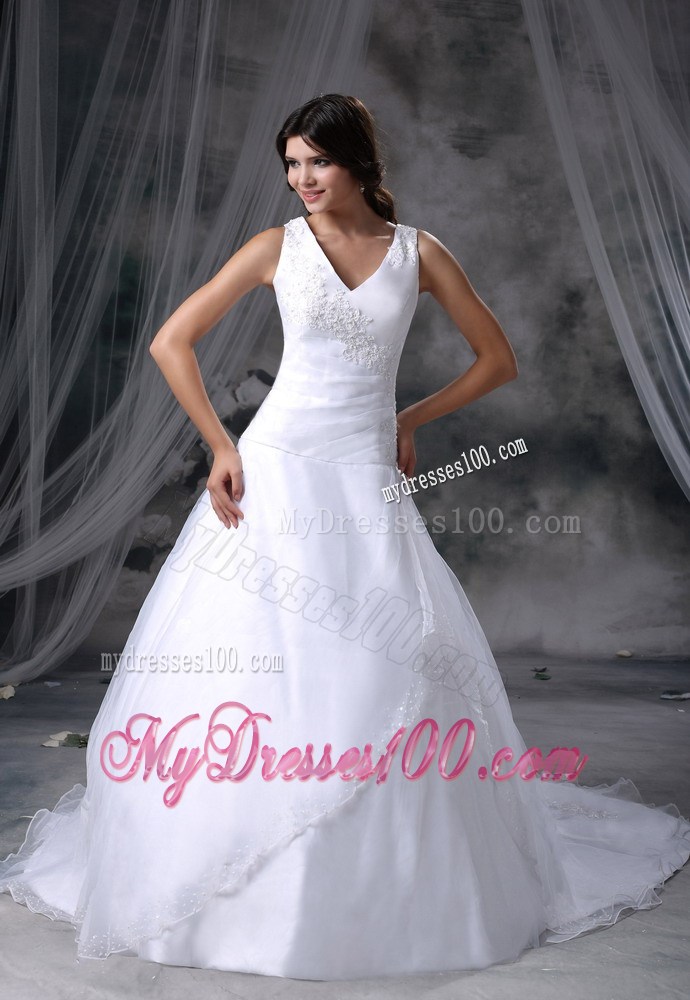 Simple Style V-neck White Wedding Gown Court Train Appliques