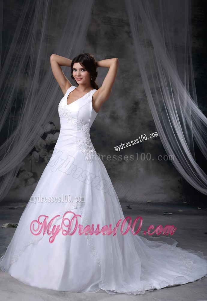 Simple Style V-neck White Wedding Gown Court Train Appliques