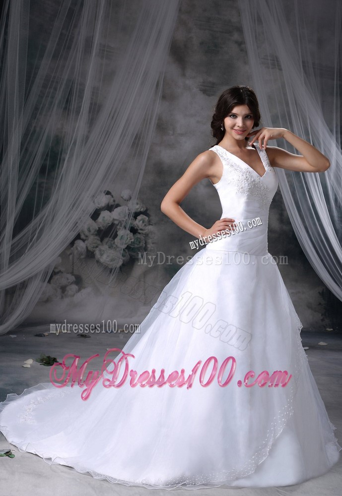 Simple Style V-neck White Wedding Gown Court Train Appliques