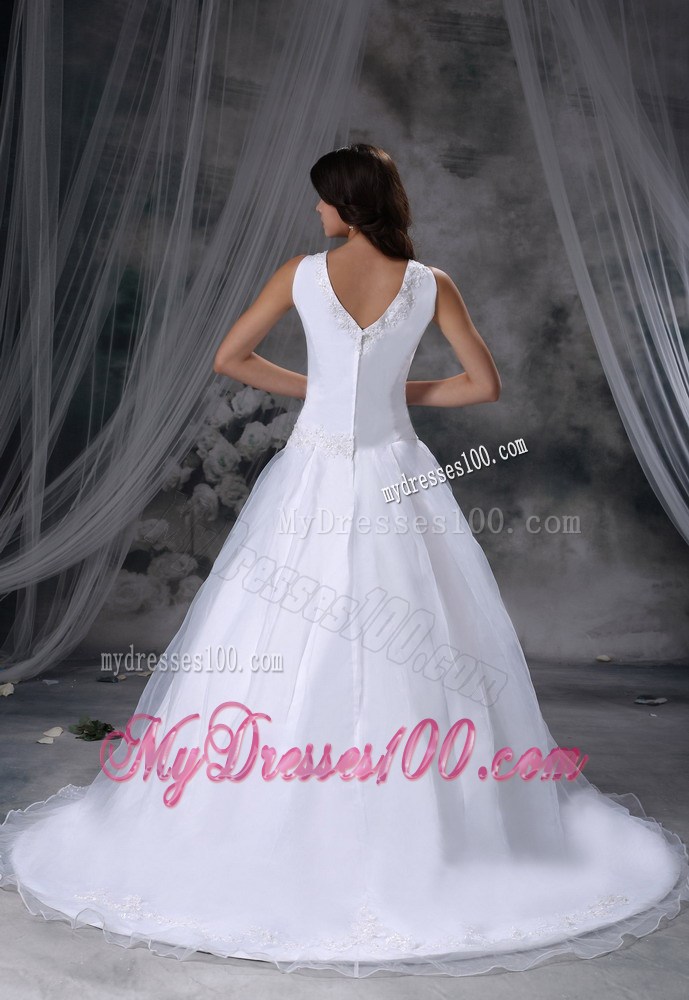 Simple Style V-neck White Wedding Gown Court Train Appliques
